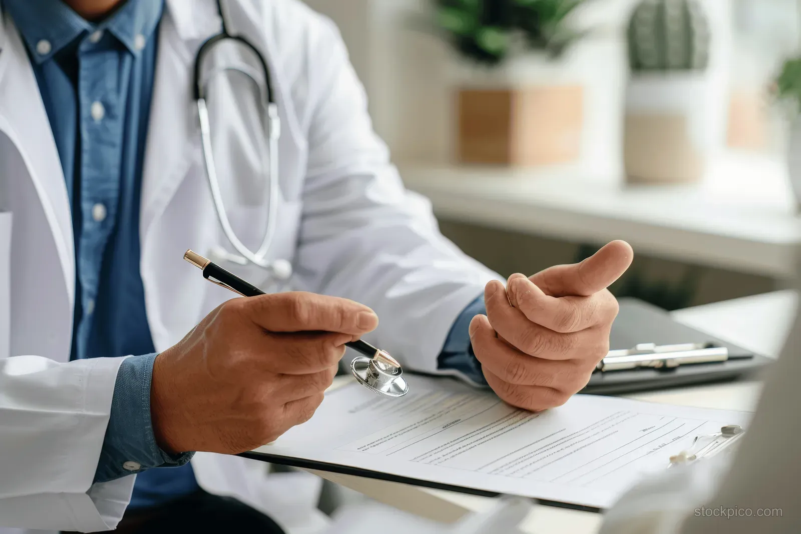 Doctor’s hands write on medical documents at a clinic desk with a stethoscope and chart nearby.
