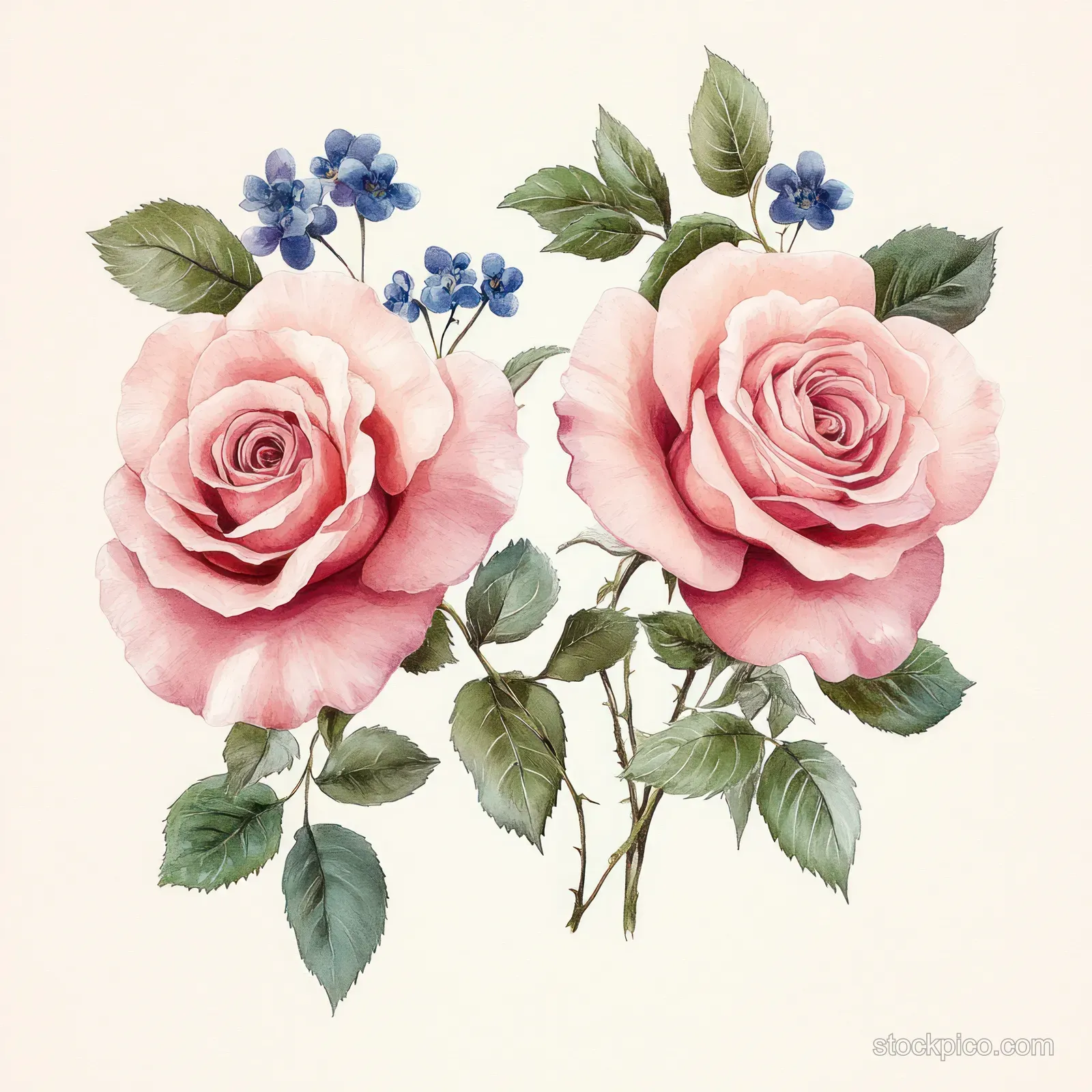 Watercolor bouquet with two pink roses, small blue blossoms, and green leaves on a light background.