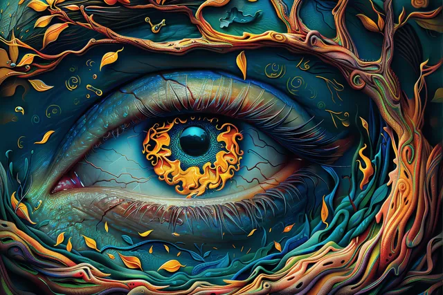 A glowing surreal eye is embedded in swirling blue tree bark with orange flames and cosmic accents.