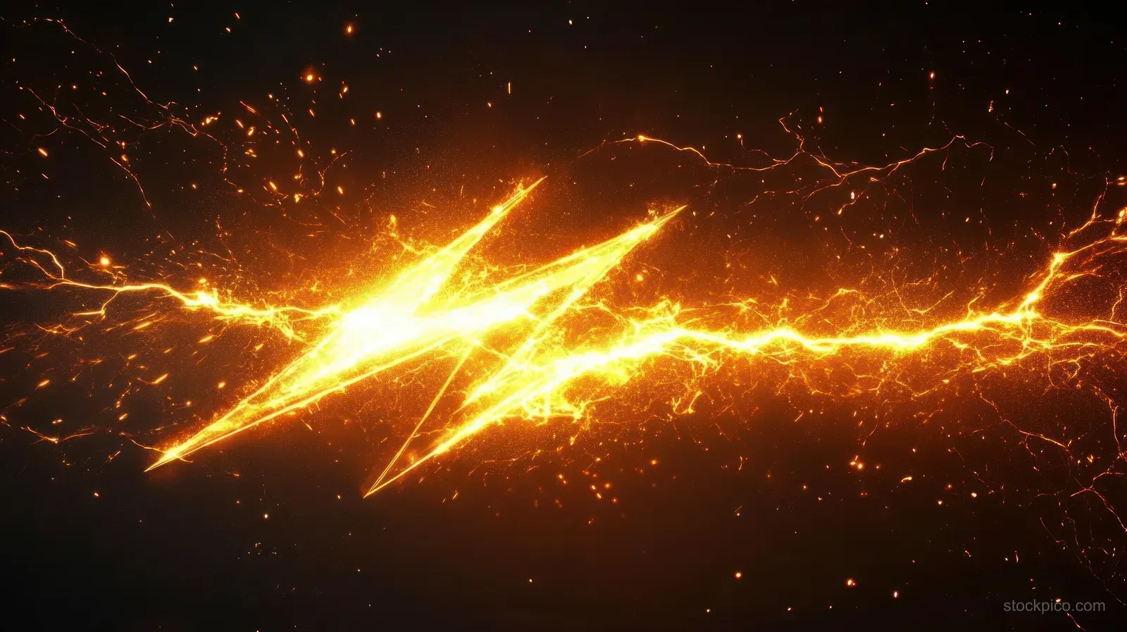 Golden lightning bolt with branching energy beams and sparks glowing across a dark starry background.