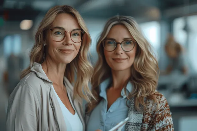 Businesswomen collaborate over a tablet in a bright office meeting with natural window light