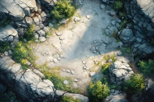 Overhead view of a rocky plateau with misty river path, scattered stones, and ominous totems.