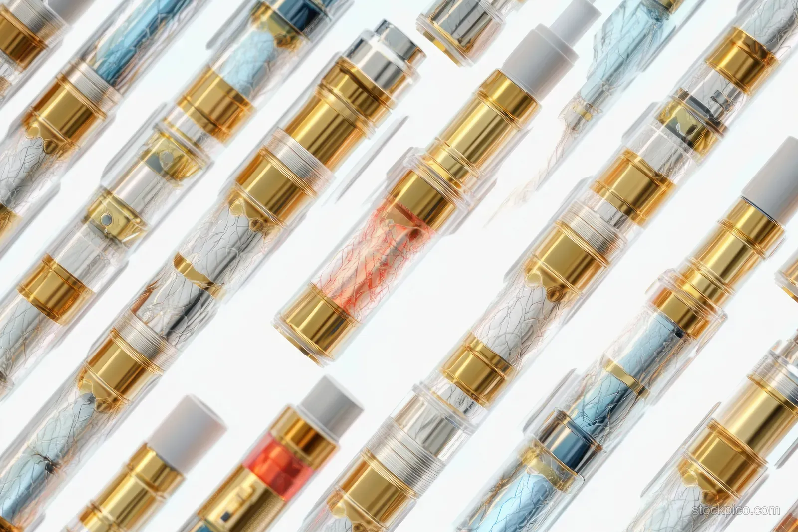 Transparent vaping cartridges with gold connectors and colored coils arranged diagonally on a white background.