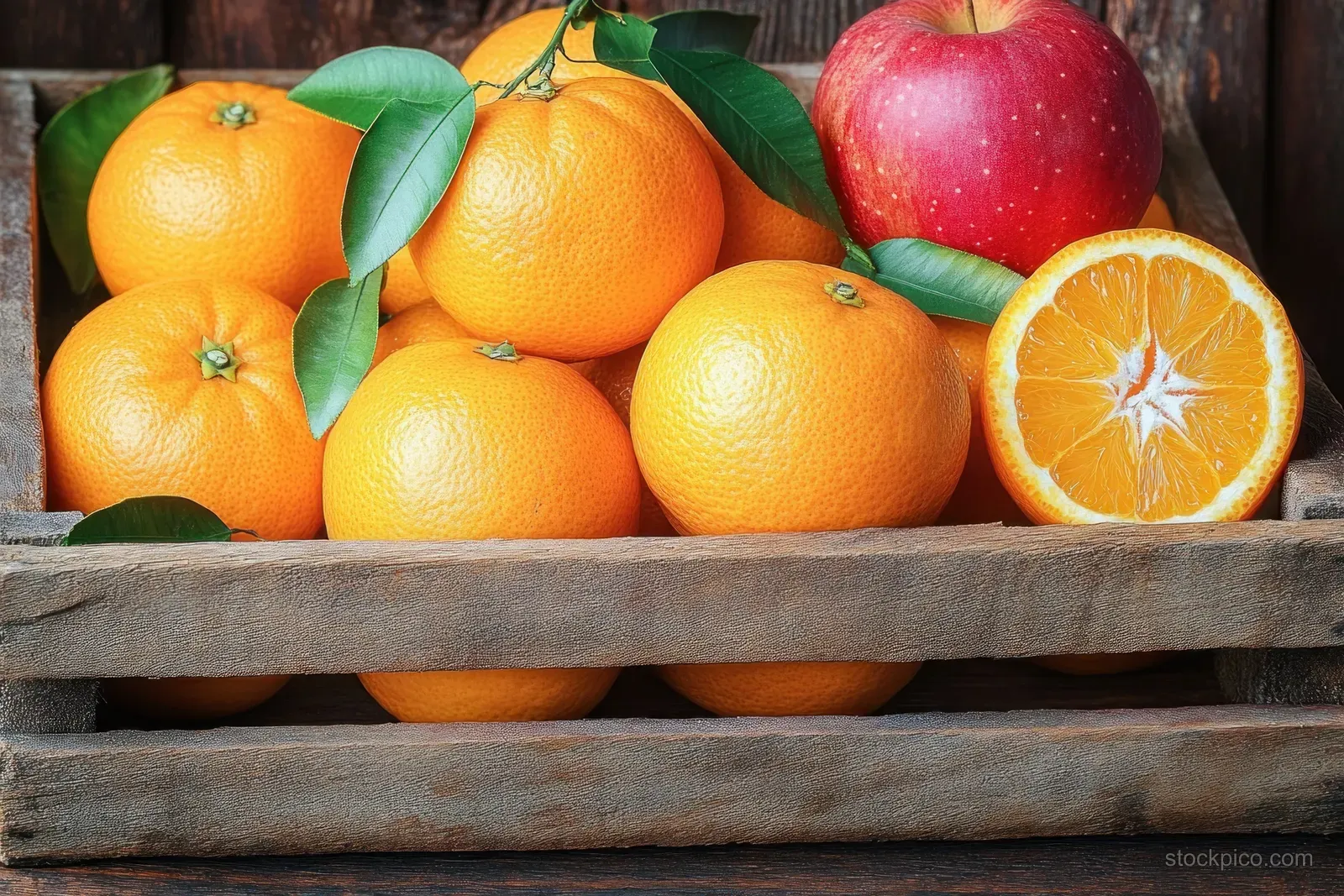 Oranges and an apple rest in a rustic wooden crate with a cut orange slice showing bright segments.