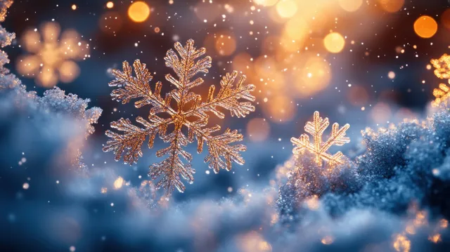 Golden snowflakes drifting over deep blue winter bokeh lights background