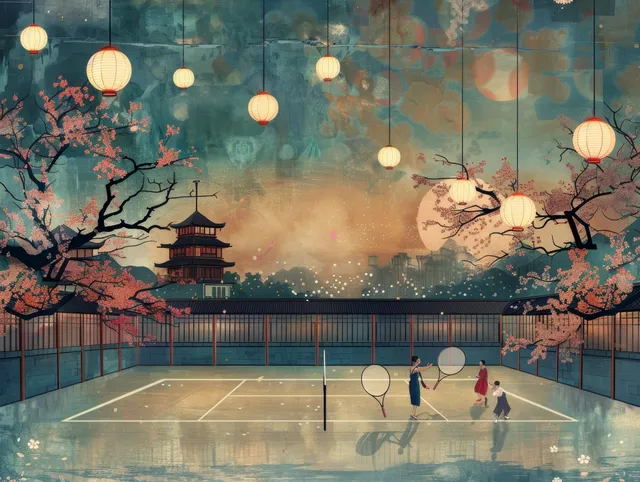 Mixed doubles tennis match under Japanese lanterns beside a temple court at twilight