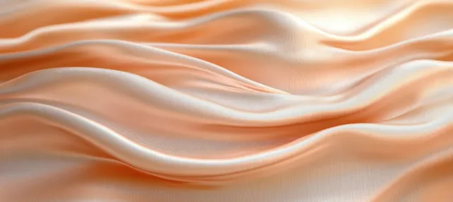 Peach and cream satin fabric close-up with smooth flowing folds under warm, diffused light.