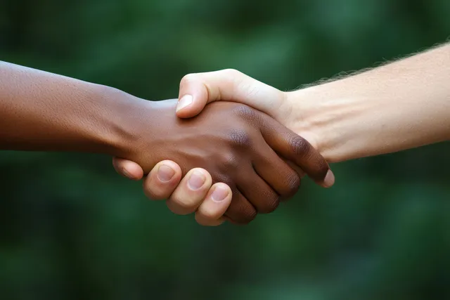 Two Hands Shake Across Skin Tones Against a Soft Green Background