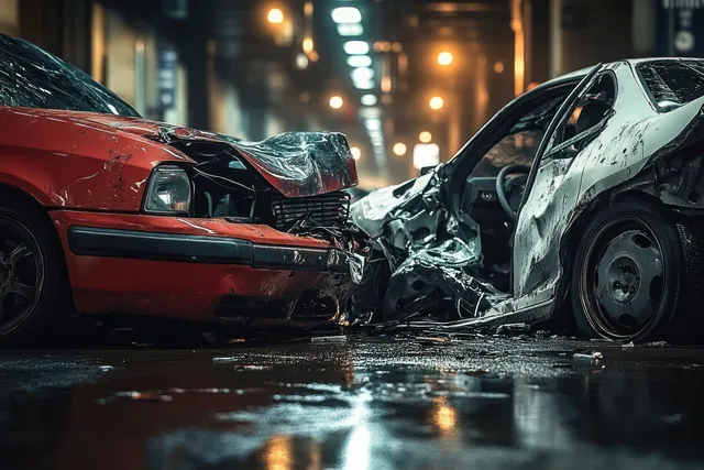 Two crumpled cars sit after a head-on crash on a rainy city street, reflecting streetlights on wet pavement.