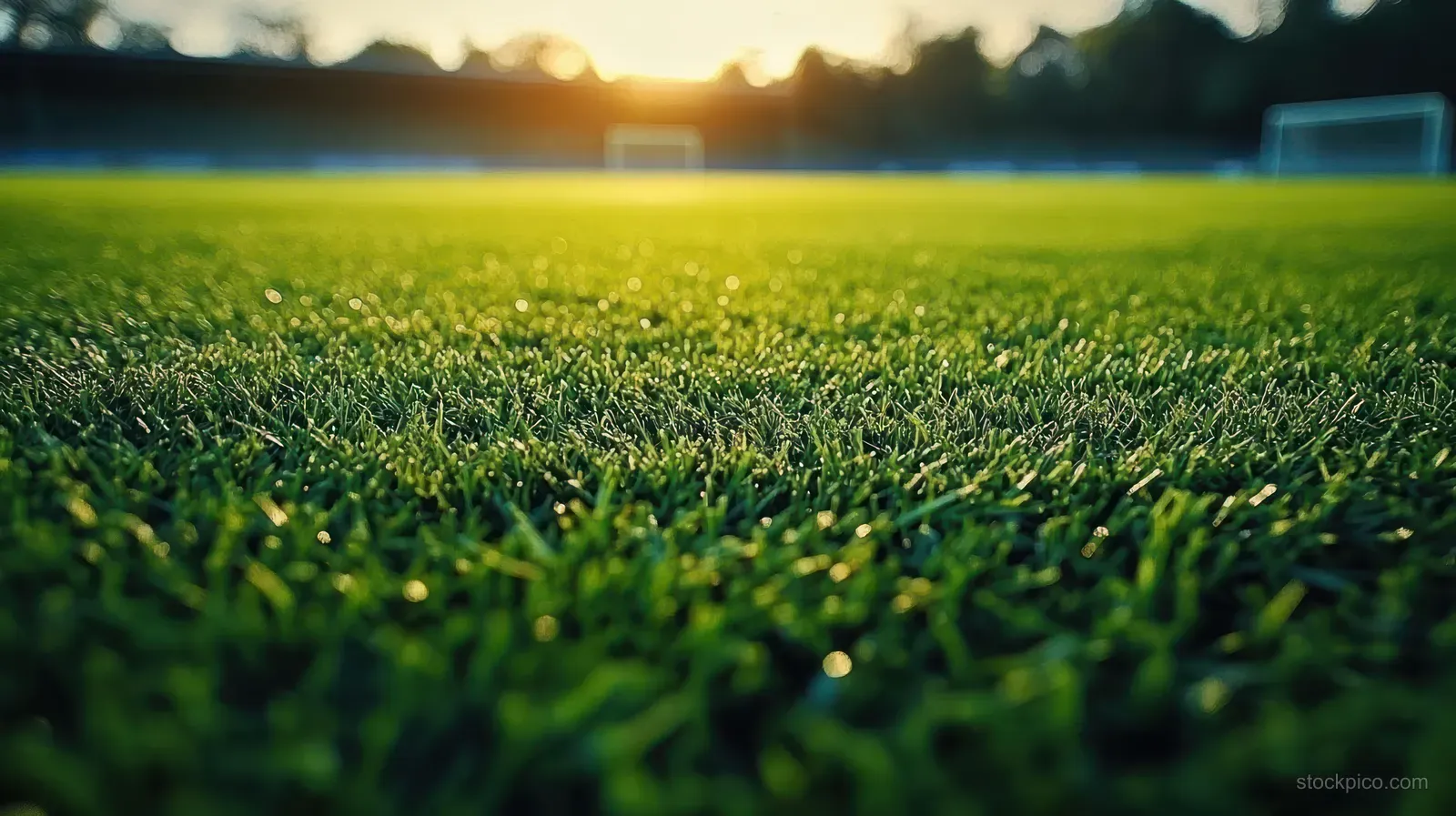 Dewy green grass fills the foreground on a sports field as sunrise and blurred goalposts appear behind.