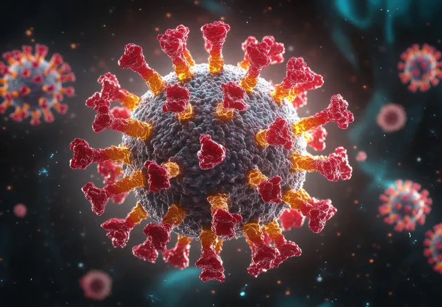 3D render of a glowing red coronavirus particle with spiky surface floating on a dark background with blurred viral shapes.