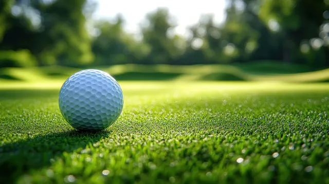 A golf ball rests on bright green grass with blurred trees and sunlight in the background.