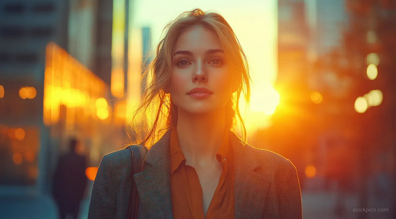 Confident businesswoman walking in downtown at sunset with warm golden light and blurred city skyline.