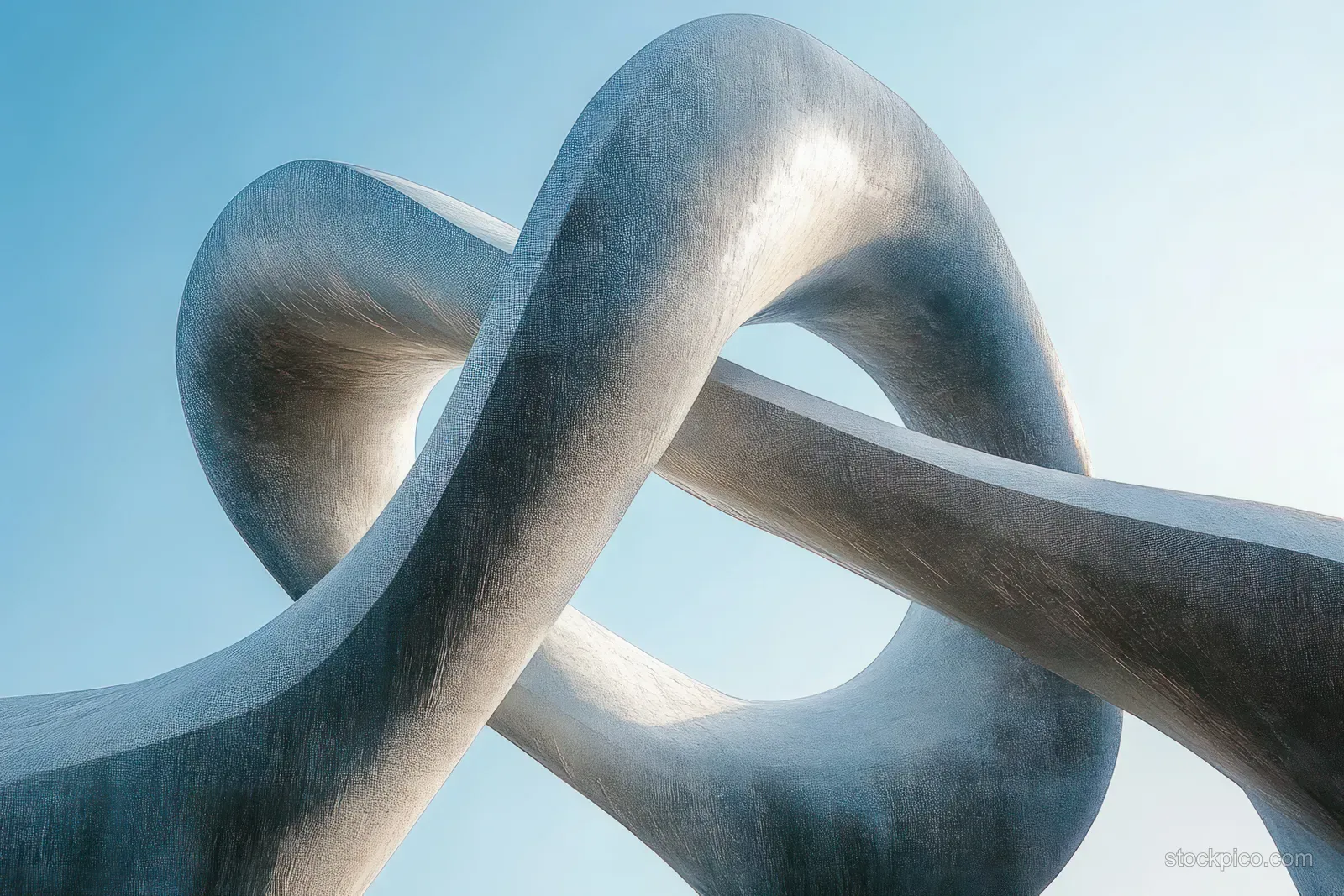 Intertwined metallic sculpture with smooth reflective curves standing outdoors against a clear blue sky.
