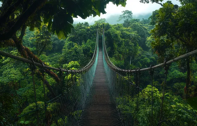 A narrow suspension bridge leads through misty tropical rainforest with dense green foliage on both sides.