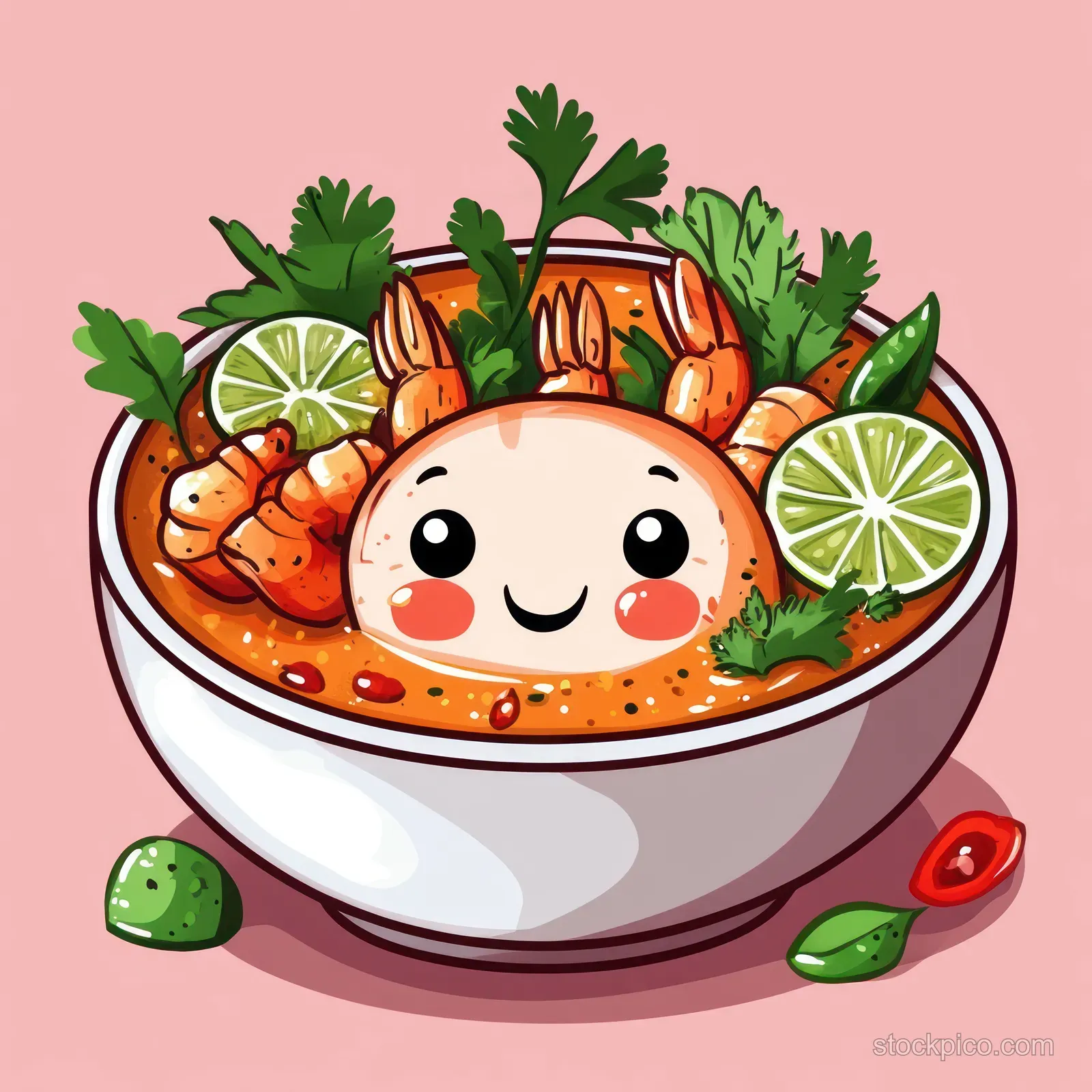 A smiling bowl of tom yum shrimp soup with lime slices, herbs, and chilies.