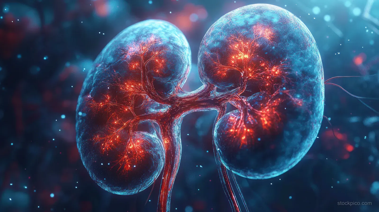 Two glowing kidneys with red and blue blood vessel networks float amid dark medical particles.
