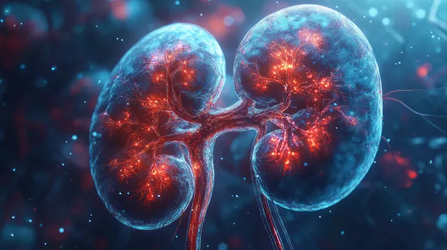Two glowing kidneys with red and blue blood vessel networks float amid dark medical particles.