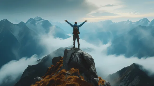 Hiker triumphantly raises arms on a mountain summit above a sea of clouds