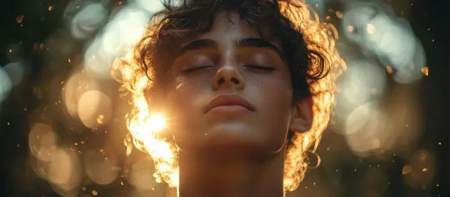 Young man praying with eyes closed and visible tears as warm sunlight and bokeh glow behind him outdoors.