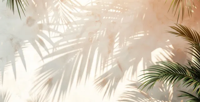Palm frond shadows fall across a white wall with warm beige and gray tones.