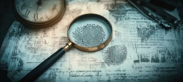 Magnifying glass highlights a fingerprint on vintage forensic papers with an old clock and retro instruments nearby.