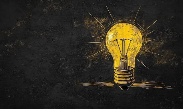 Glowing yellow light bulb illustration glowing on dark textured background with radiating sketch lines