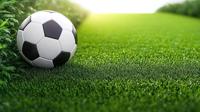 Black and white soccer ball resting on sunlit green grass with blurred bushes in the background.