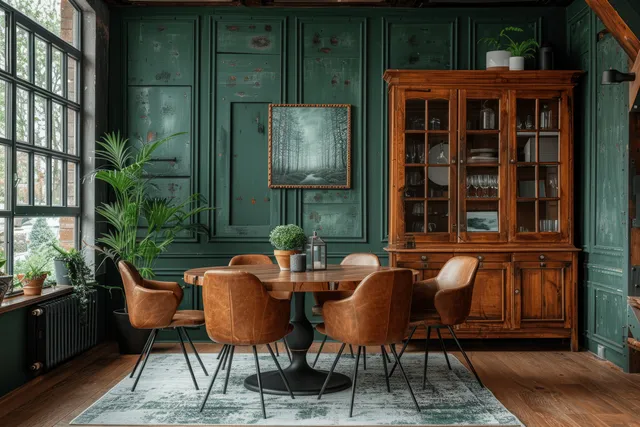 Brown leather armchairs surround a round dining table in a Scandinavian room with a deep green wall, framed art, and a wooden cabinet.