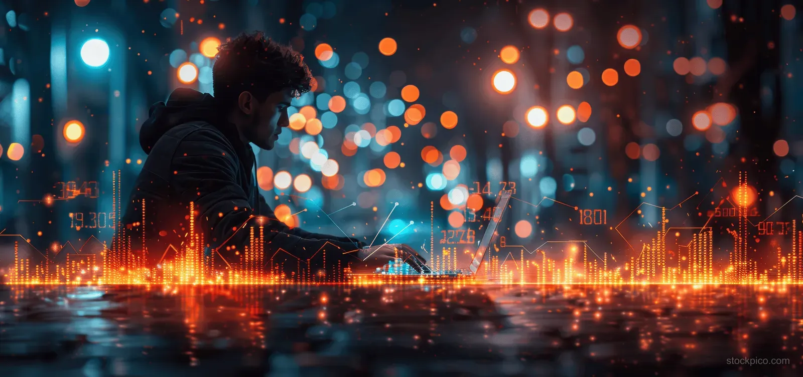 A businessman studies laptop and tablet financial charts with glowing stock-market data overlay in a nighttime city scene.