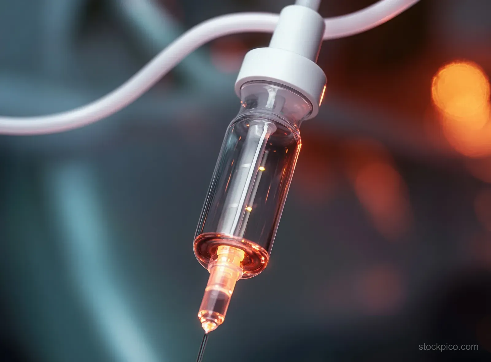 Close-up of an IV drip chamber connected to medical tubing with visible fluid flow under warm clinical light.