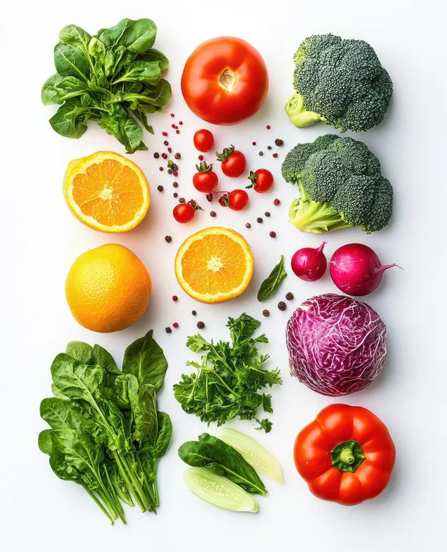 Overhead flat lay of fresh vegetables with citrus slices and scattered seeds on a white background.