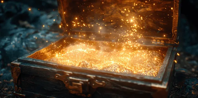 Open wooden treasure chest spilling sparkling gold dust and glowing light particles