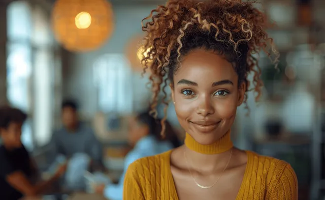Smiling Black businesswoman holding a smartphone in a modern office with coworkers blurred behind her.