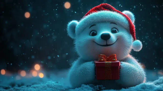 Cartoon polar bear wearing red Santa hat holding gift box under snowy night lights
