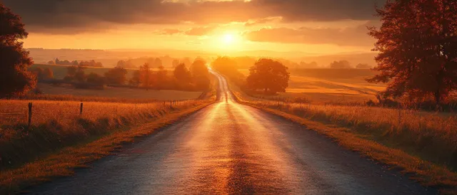 Smiling young woman driving a car along a countryside road in golden hour sunlight