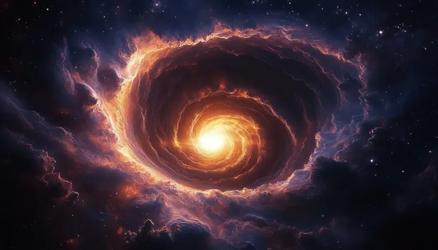 Glowing spiral galaxy with fiery core swirling through starry nebula clouds in deep space