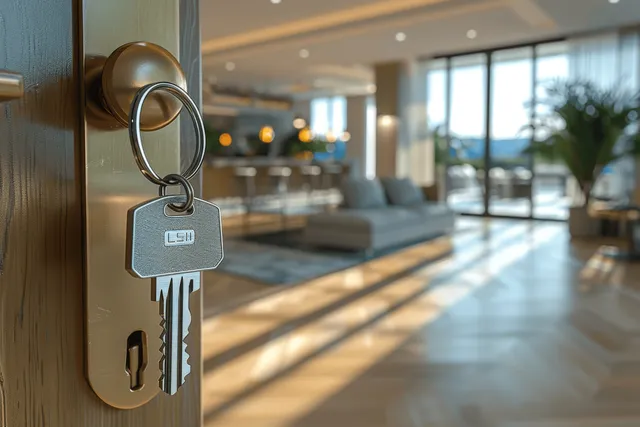 A key dangles from an apartment door lock while a sunny living room with large windows blurs in the background.