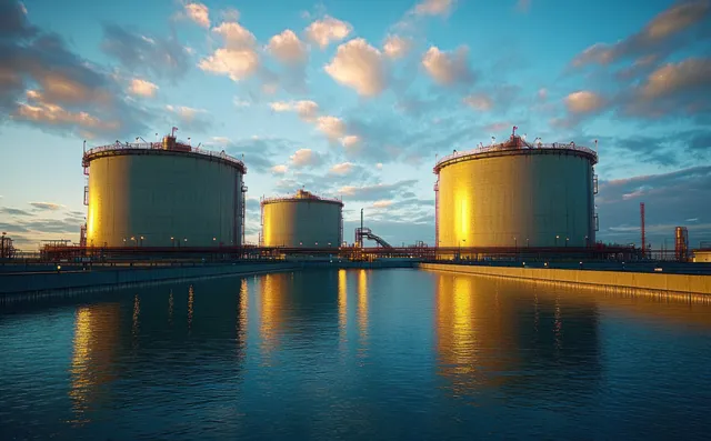 Two large oil storage tanks reflect golden sunset light on calm water beneath partly cloudy skies.