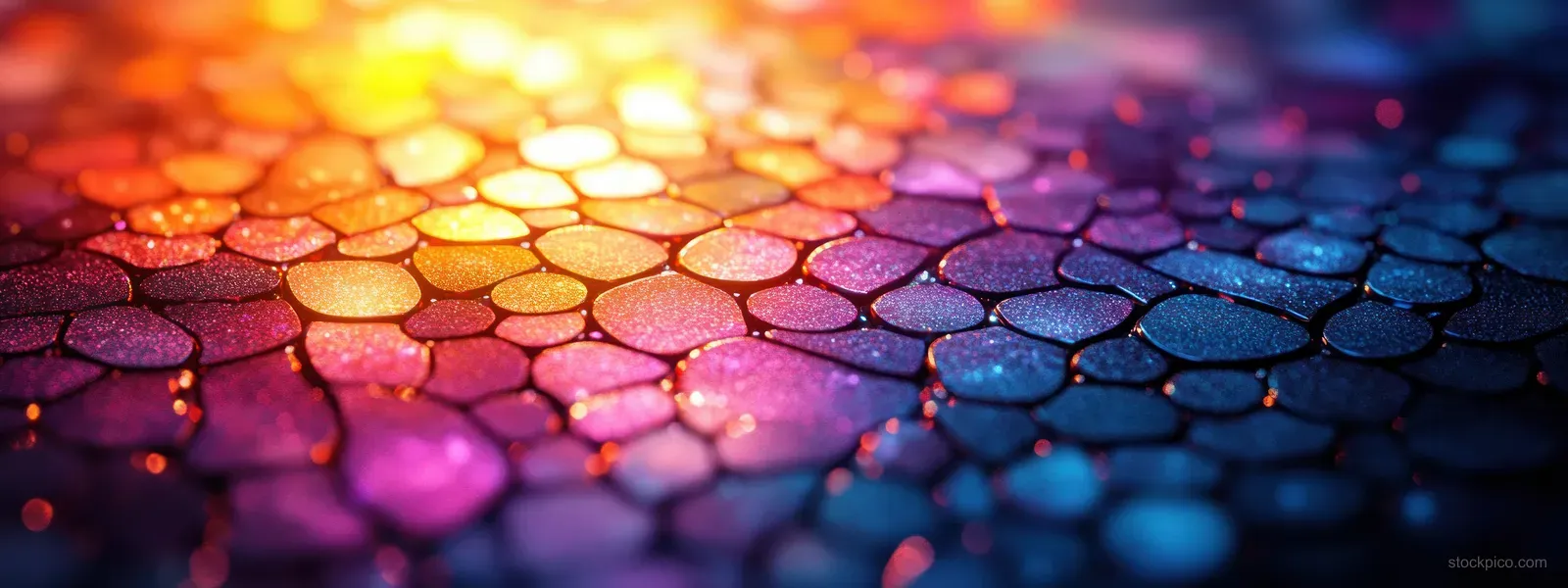 Purple and gold mosaic tiles on a disco floor glow with sparkling reflections and blurred nightclub lights.