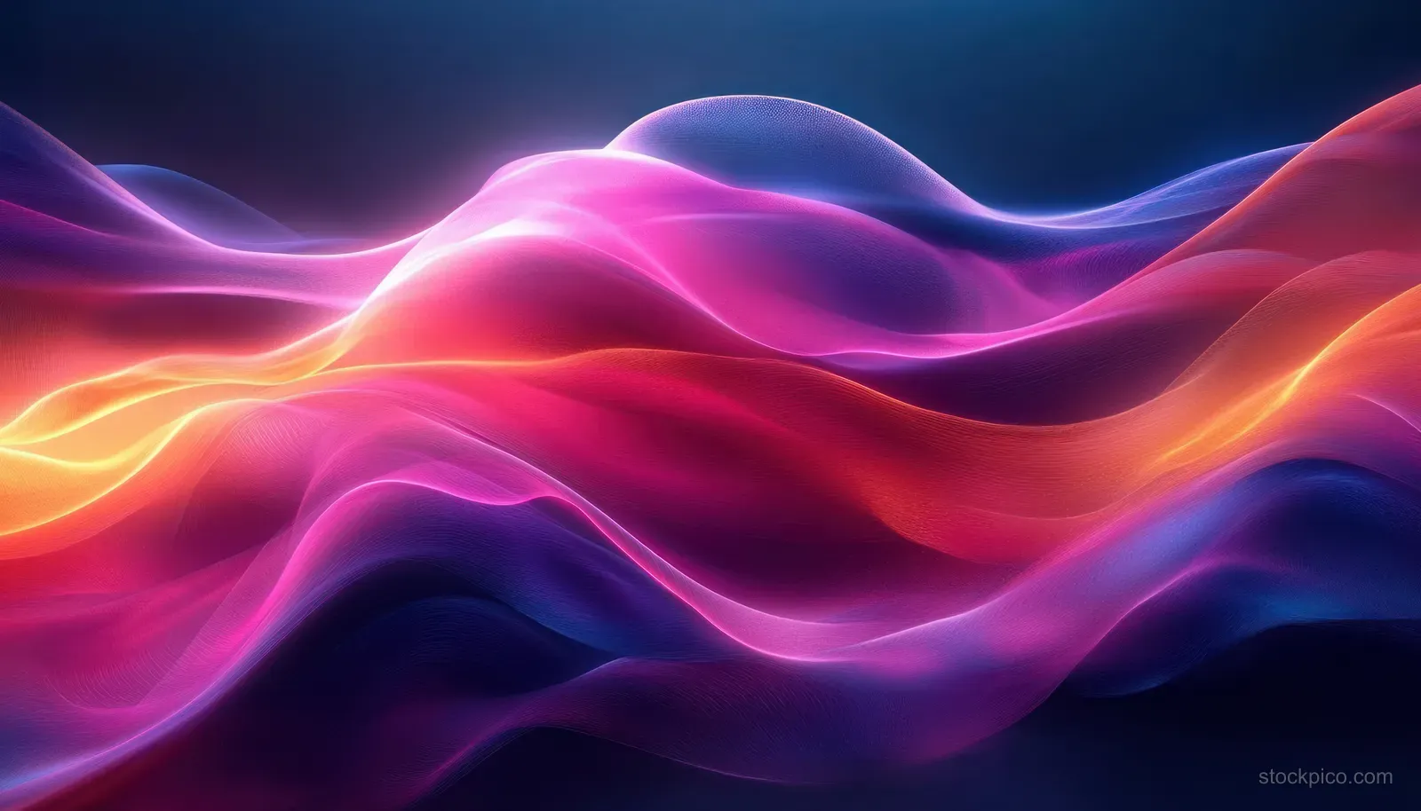 Neon pink, purple, and blue wave ribbons undulate across a dark digital background with glowing gradients.