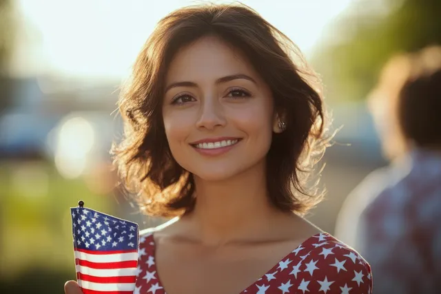 Smiling young woman holding a small American flag outdoors in warm sunlight