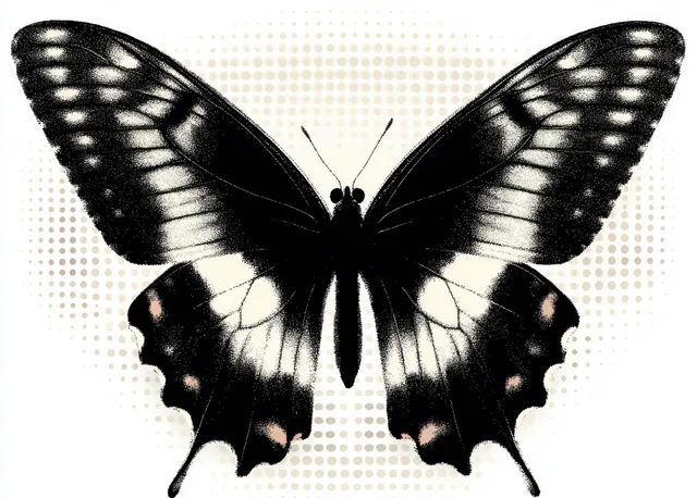 Monochrome butterfly spreads wings wide against dotted background with gradient shading