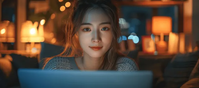 Young woman typing on a laptop at a desk in a dark home office with warm window lights.