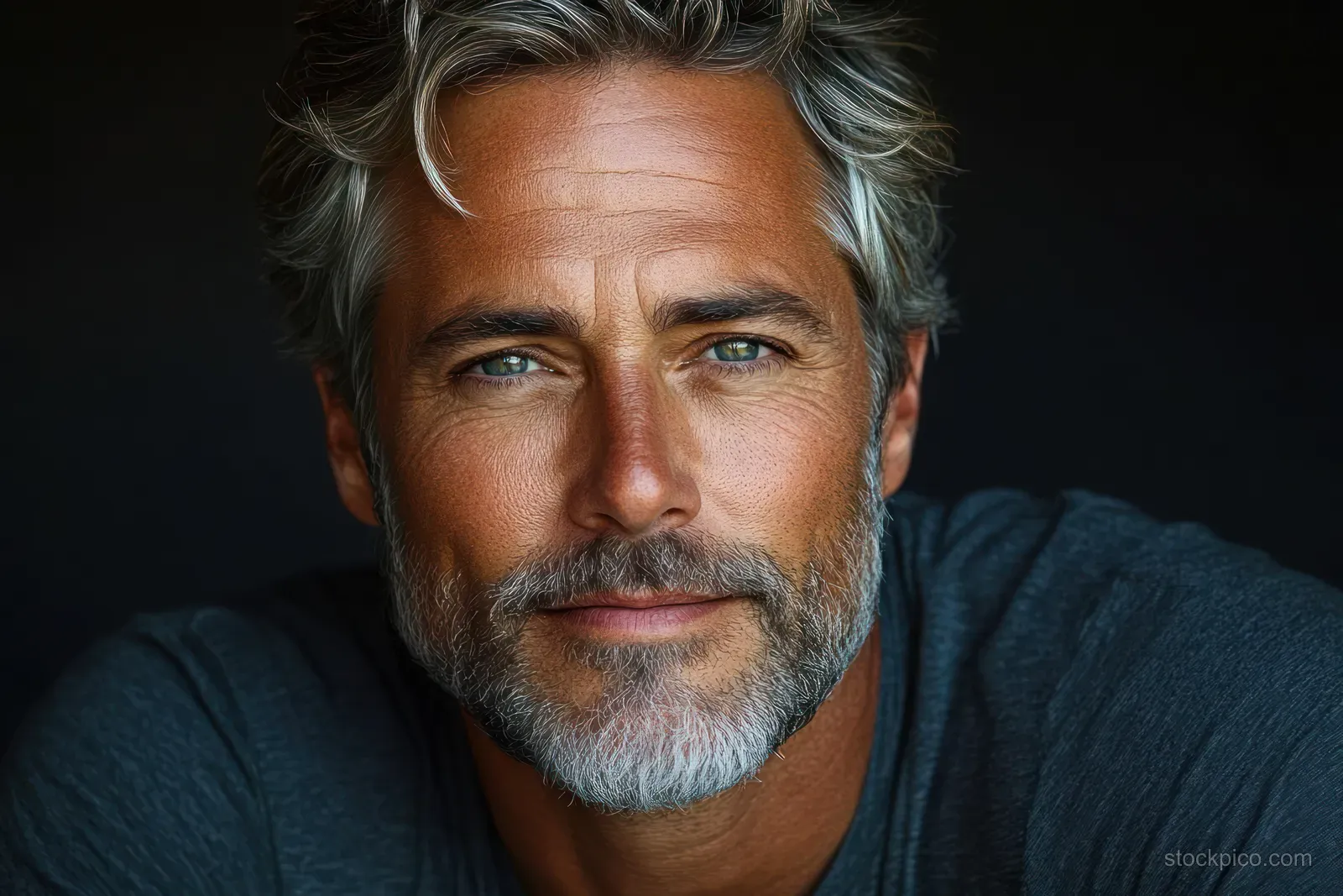 Mature man with salt-and-pepper hair and beard looks calmly at the camera under studio lighting on a dark background.