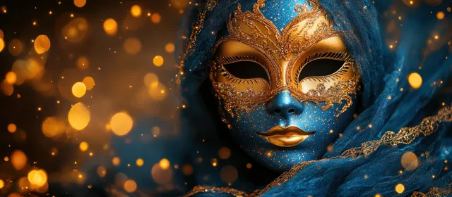 Venetian masquerade mask on deep blue carnival backdrop with sparkling gold bokeh lights