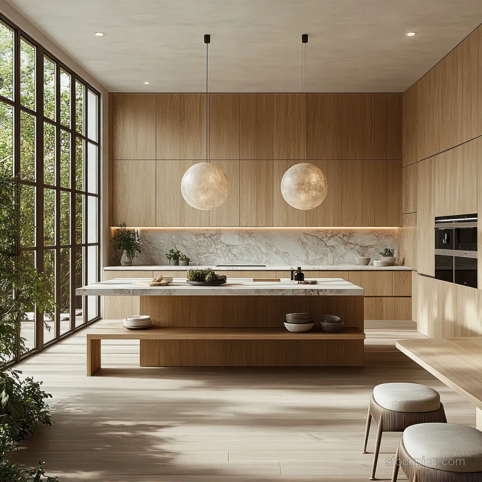 Sunlit modern kitchen with wooden island, floor-to-ceiling windows, and round pendant lights hanging over the counter.