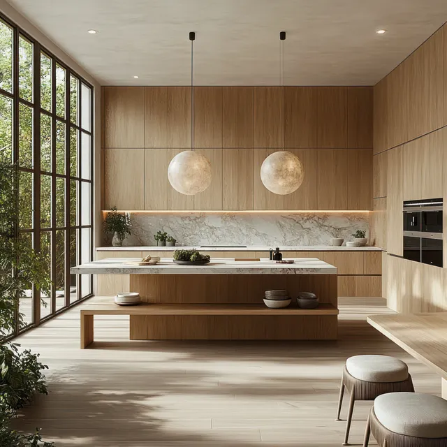 Sunlit modern kitchen with floor-to-ceiling windows, wooden island, and glowing pendant spheres