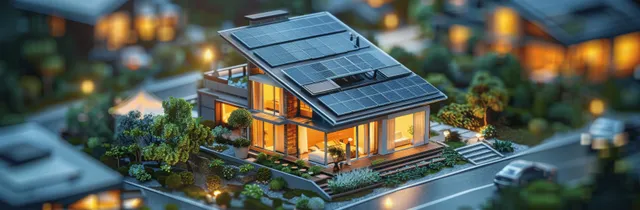 Isometric modern house on a city street with glowing solar panels and battery storage details under evening lights.