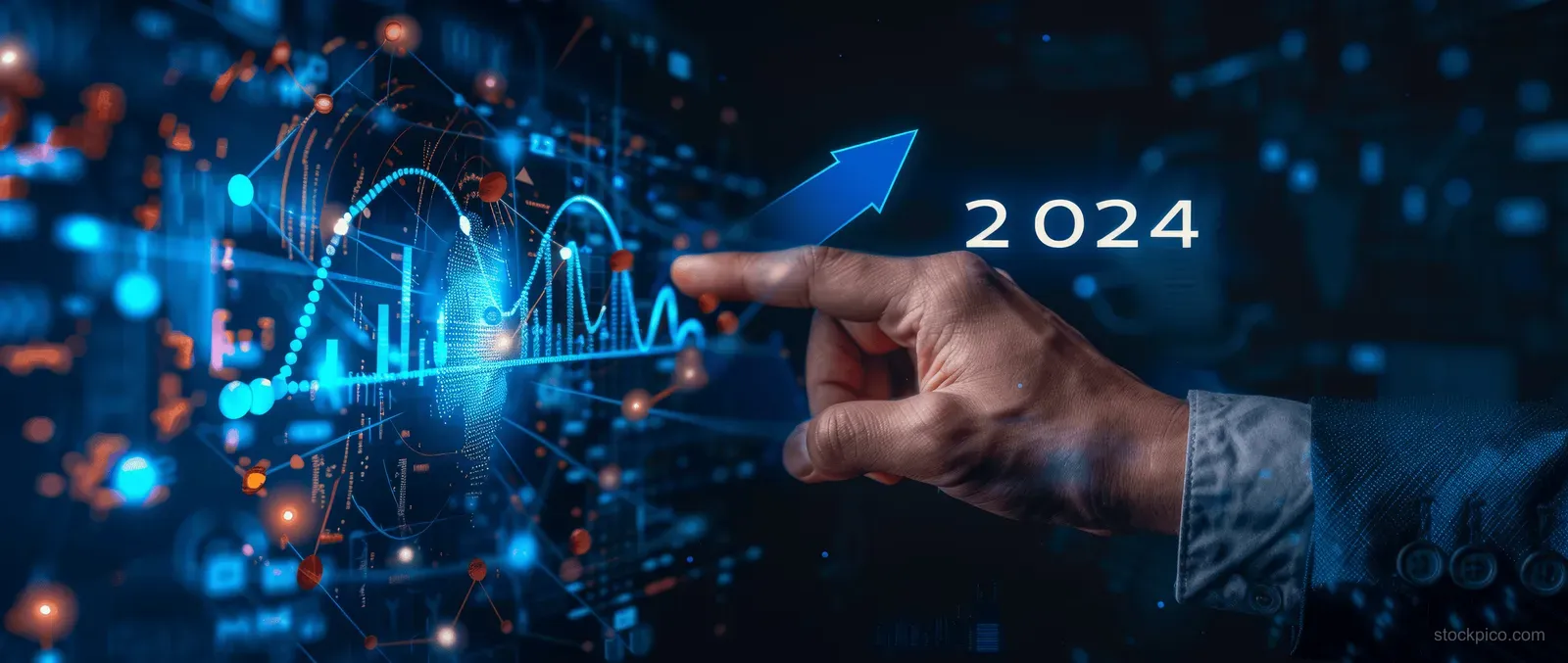 Man’s hand points to a glowing upward arrow beside digital finance charts with “2024” in the background.